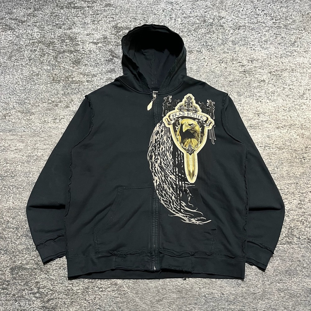 Brad Butter Zip Up‎ Hoodie Mens XL Black Eagle Grunge Biker Y2K Sweatshirt